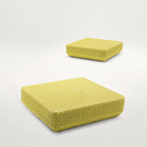 Two Daydream Poufs, upholstery in yellow rope cord on a white background.