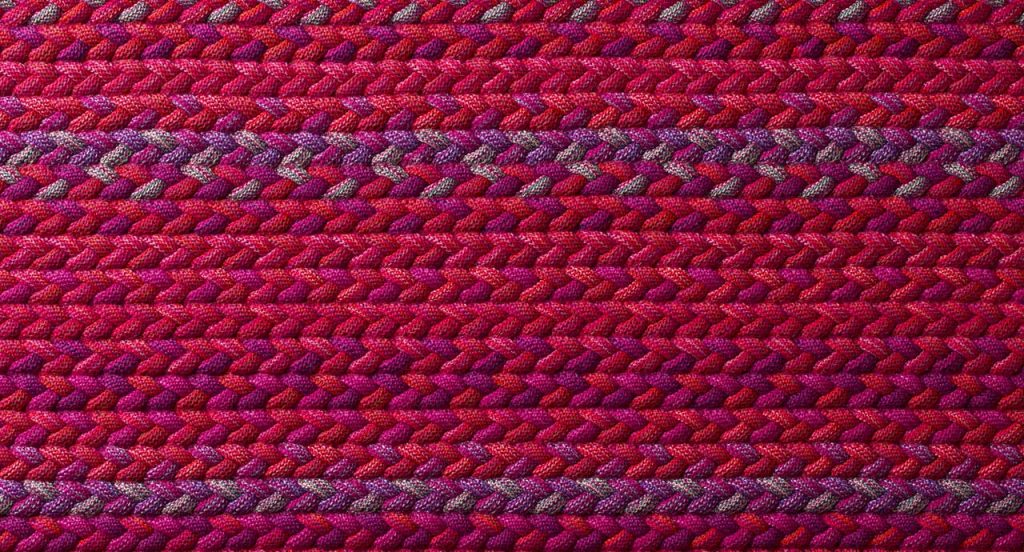 Flutti rug made of red and purple braids of wool cords.