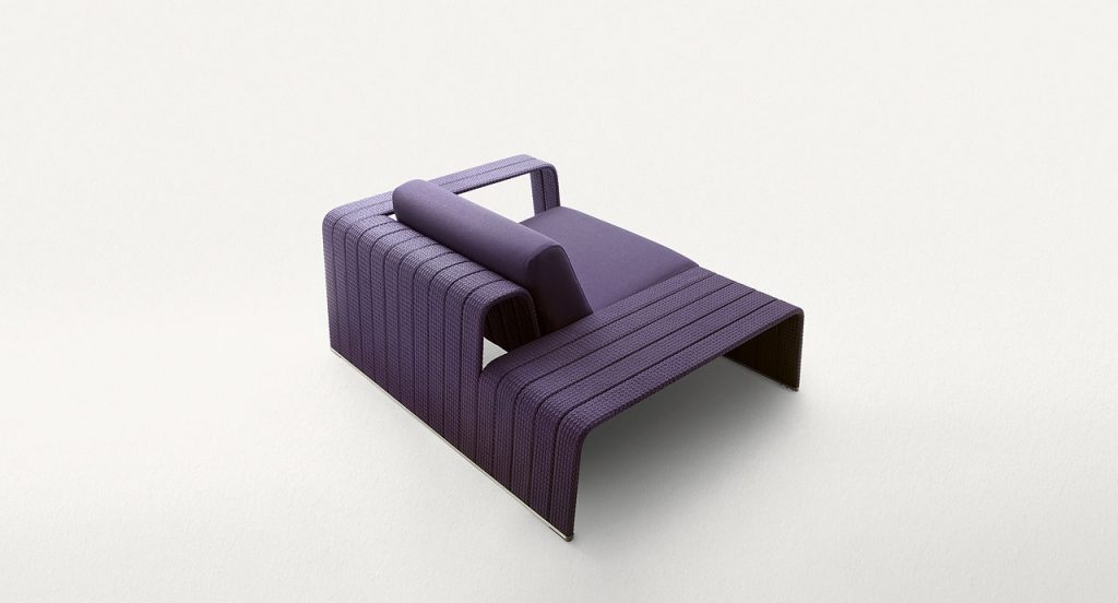 Purple Frame Armchair, upholstery of rope braids and two cushions on a white background.