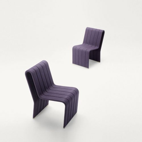 Two Frame Chairs, upholstery in purple rope braids on a white background.