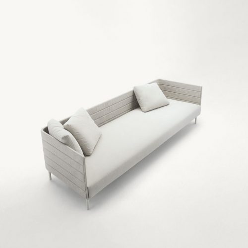 Frame on sofa, legs in steel, upholstery in white rope braids, white seat cushion on a white background.