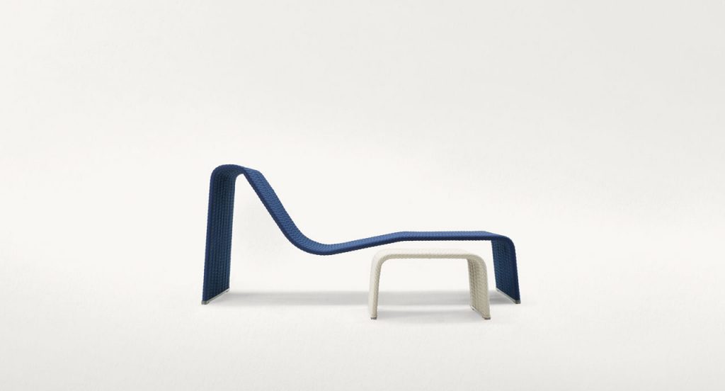 Blue Frame Chaise, upholstey of rope braids on a white background.