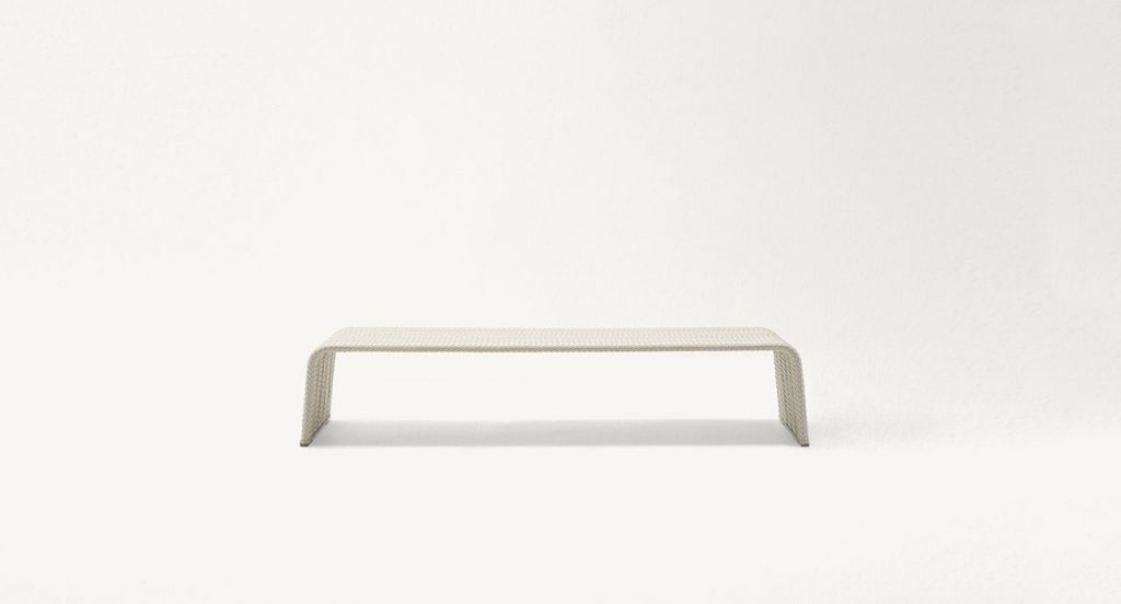 Square Frame Coffee Table, upholstery in white rope braids on a white background.