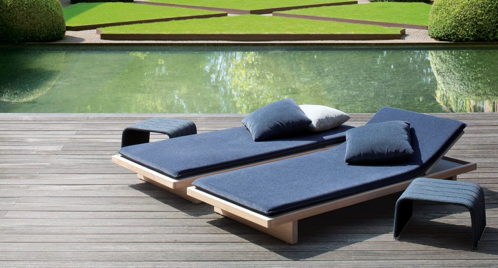Two square Frame Coffee Table, upholstery in blue rope braids in a terrace.