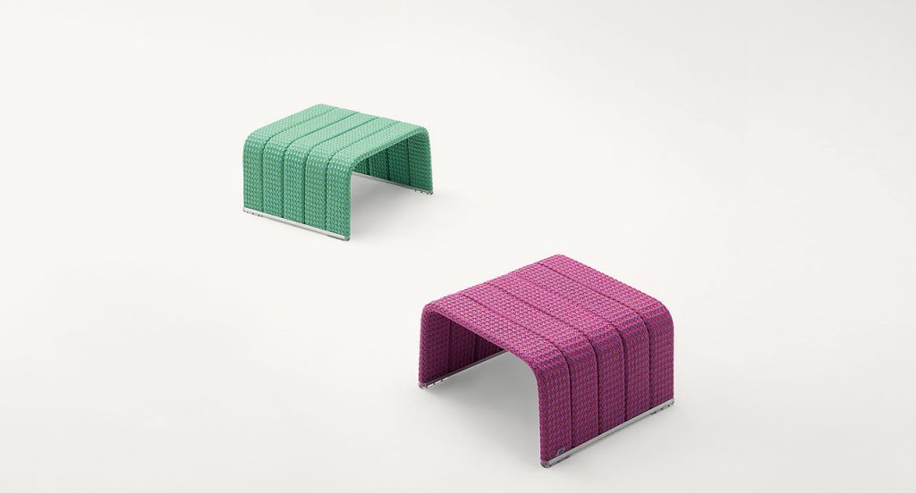 Two square Frame Coffee Tables, upholstery in rope braids, one in green and one in purple on a white background.