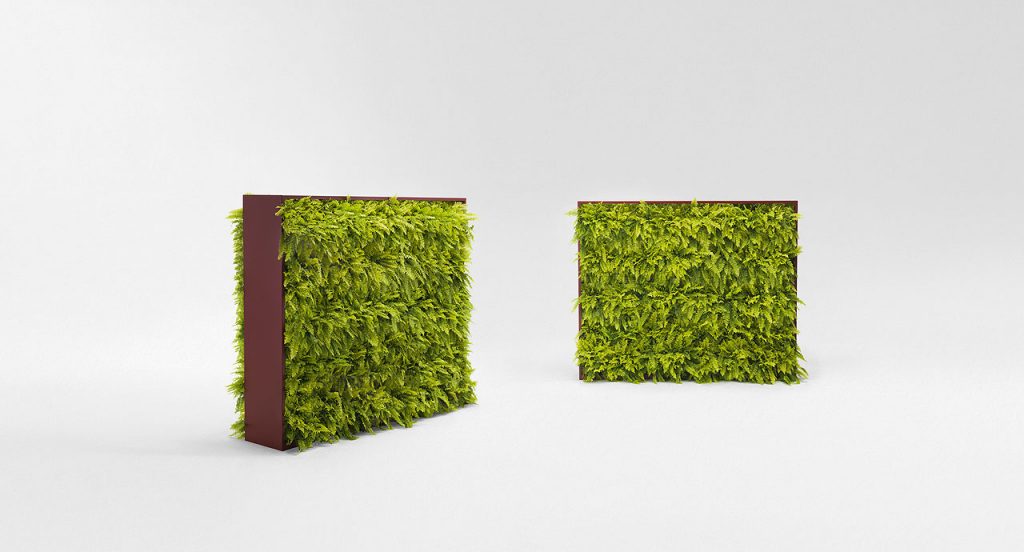 Two Greenery green walls, structure in brown steel, planters in plastic on a white background.