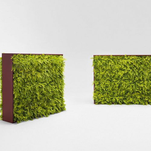 Two Greenery green walls, structure in brown steel, planters in plastic on a white background.