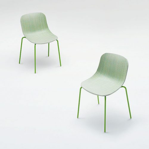 Two green Lole chairs in steel, seating shell in diade on a white background.