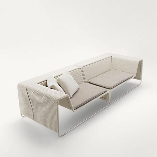 White Island Sectional structure in steel, upholstery in white rope fabric on a white background.