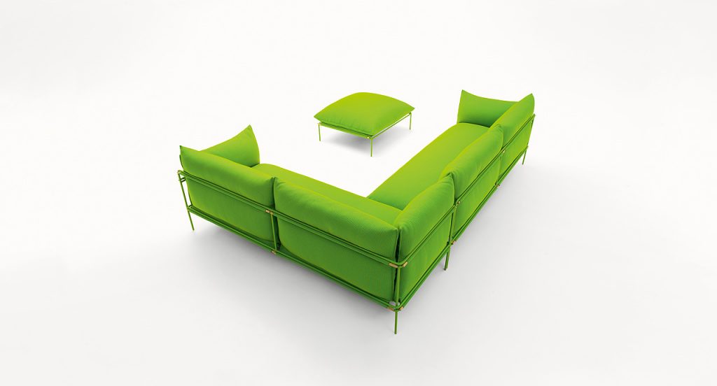 Kabà Pouf, structure and four legs in green steel, cushion in green polyester on a white background.