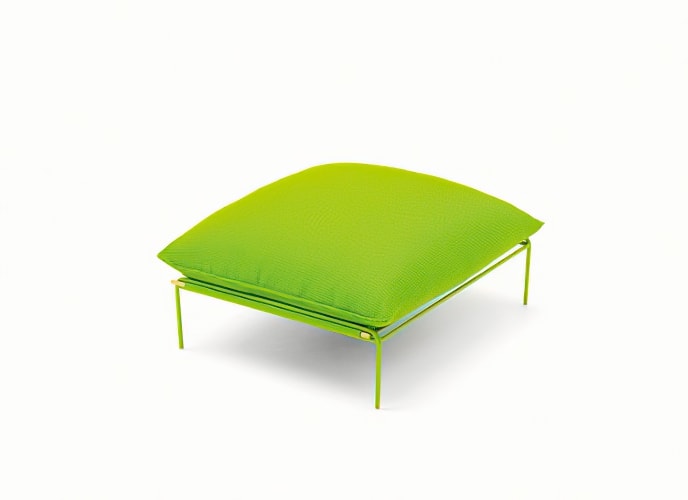 Kabà Pouf, structure and four legs in green steel, cushion in green polyester on a white background.