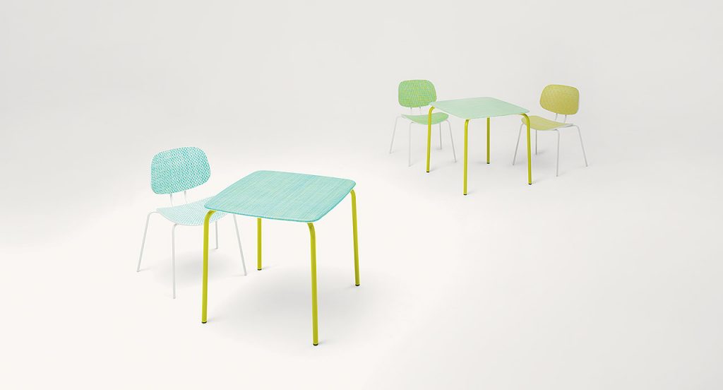 Two Lido Coffee Tables, structure and four legs in green steel, top in blue diade with chairs on a white background.