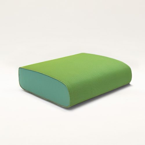 Ola Pouf upholstery in green and blue fabric on a white background.