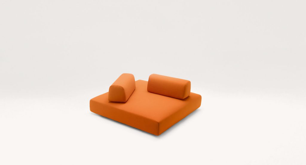 Orlando Outdoor Sectional with backrest, upholstered in orange fabric on a white background.