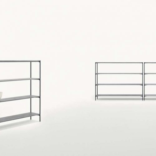 Three Plano Bookshelfs, structure in black steel, shelves in black concrete on a white background.