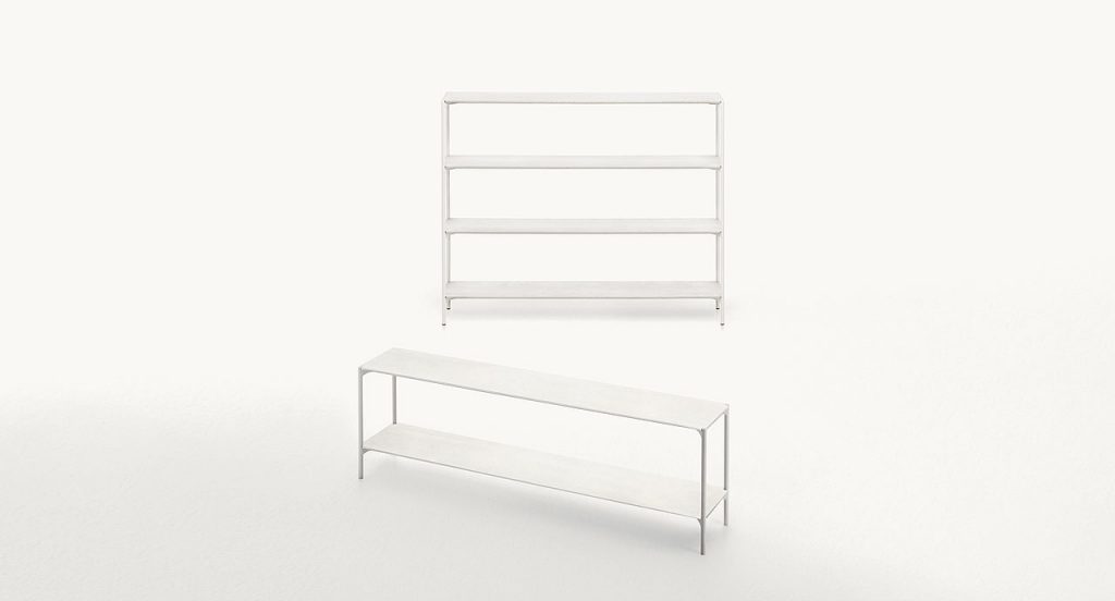 Two Plano Bookshelfs, structure in white steel, shelves in white concrete on a white background.