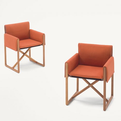 Two Portofino Outdoor Chairs with armrests and little armchair, structure and chair in natural heartwood, upholstery in orange fabric on a white background.