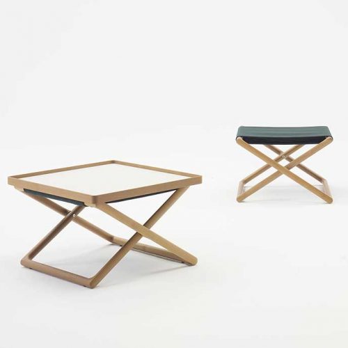 Portofino Outdoor Stool, structure in natural heartwood. Top, right in in blue wood, left in white steel on a white background.