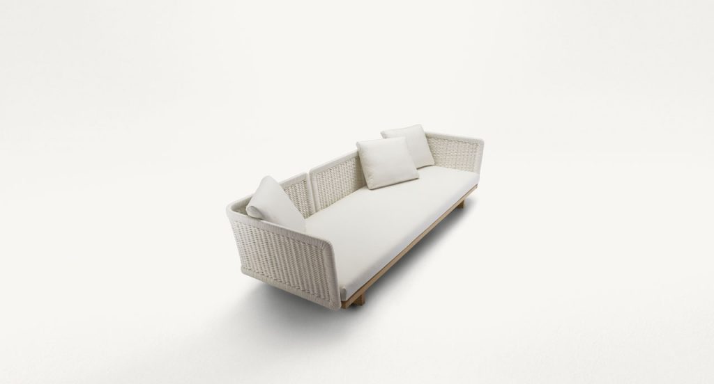 Sabi Sectional, base and two legs in natural wood, upholstery in white fabric on a white background.