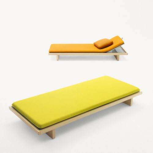 Two Sabi Sun Beds, structure in natural wood, seat pad in yellow polyester on a white background.