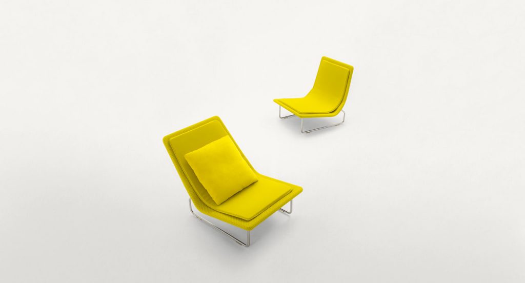 Two yellow Sand lounge chair with backrest, structure in steel , upholstery in rope fabric, cushion in polyester on a white background.