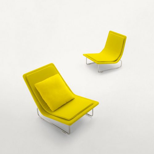 Two yellow Sand lounge chair with backrest, structure in steel , upholstery in rope fabric, cushion in polyester on a white background.