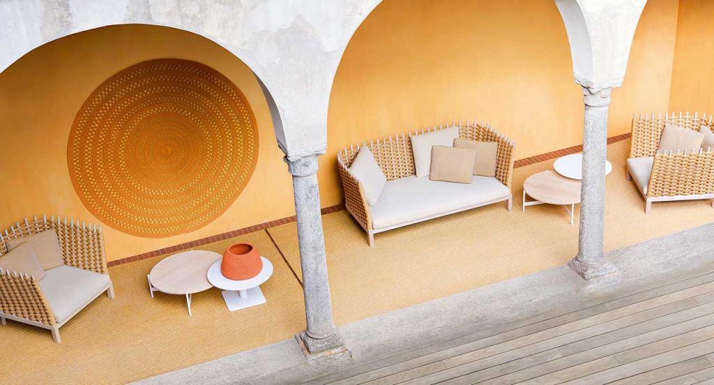 Round Shang Rug, yellow cord in zig zag like pattern in a living room.