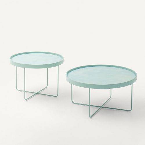 Two blue Passepartout side tables, aluminium round top, base in steel on a white background.