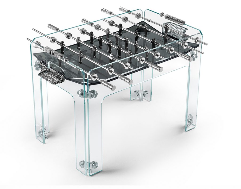 foosball table made of steel base and thick transparent glass structure