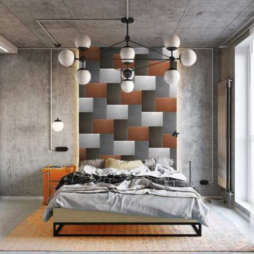 Delirium mosaic featuring rectangle patterns in shades of black, white ans red on a wall.