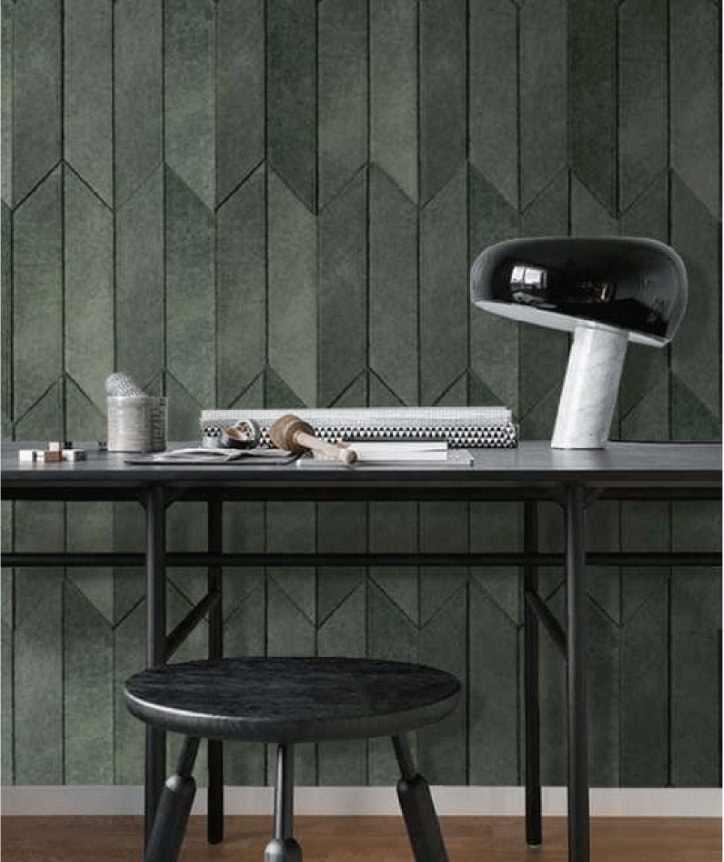 Omnia mosaic in green and brown with all-encompassing patterns, on a wall.