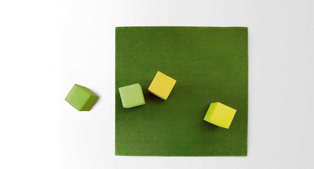 Green square Shore rug, rounded forms in relief in the wool surface on a white background.