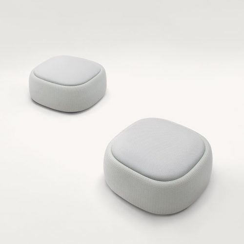 Two square Smile Outdoor Poufs, upholstey in grey aero fabric on a white background.