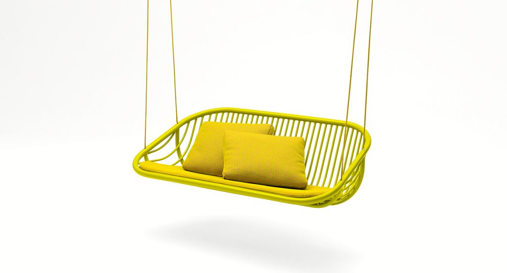 Yellow Swing suspended seat, structure in wood, seat pad, loose cushions and suspension cords on a white background.