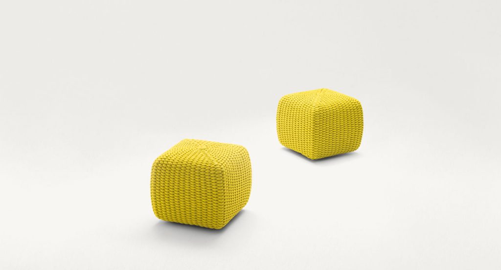 Two Yellow Tide poufs, upholstery woven with Rope cord on a white background.