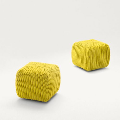 Two Yellow Tide poufs, upholstery woven with Rope cord on a white background.