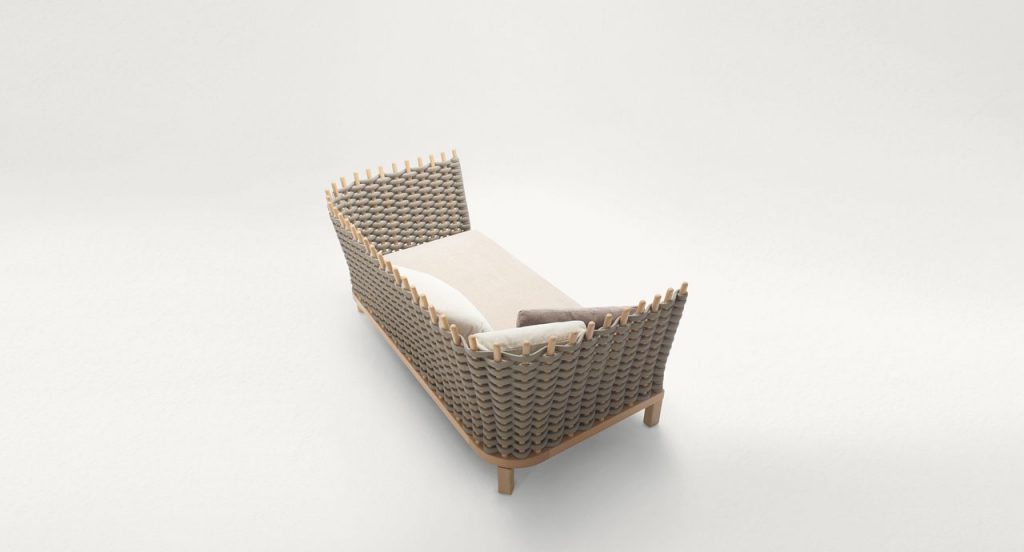 Wavi sofa, structural melange weave and wood in natural color, white seat cushion on a white background.