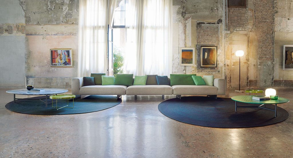 Blue Zoe Natural rug wool cord spiral module in a living room.