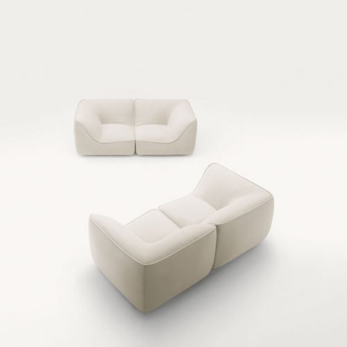 Two white So Sofas, Two seater, fabrics upholstery, wood base on a white background.