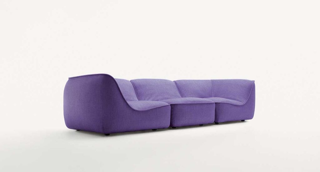 Purple So Sofa, three seater, fabrics upholstery, wood base on a white background.