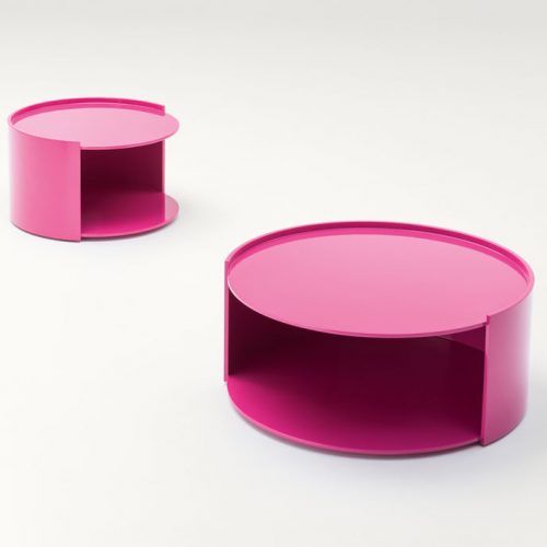 Two Pink Walt Side Tables with side opening and round shape on a white background.