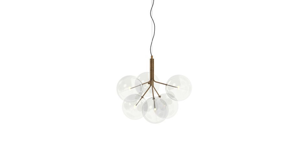 Suspension lamp with hand-burnished brass structure, available with 6 transparent blown glass spheres on a white background