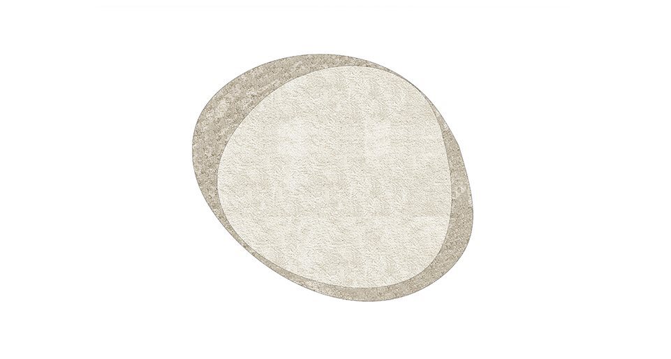 Two-tone long pile rug made of soft synthetic fiber in the shape of a stone in a white and gray color tone on a white background