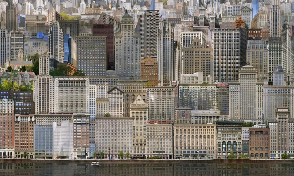 Type C printing mounted on aluminum with a design of buildings in the city