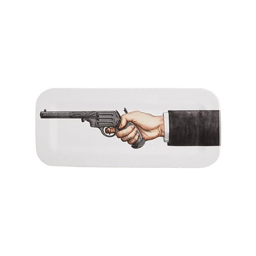 Rectangular tray in white featuring a detailed illustration of an antique pistol, combining bold artistic imagery with functional design.