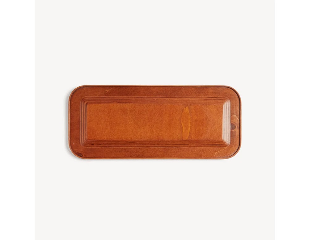 A sleek rectangular tray in rich wood tones with a smooth finish, offering timeless elegance and versatile functionality for serving or display.