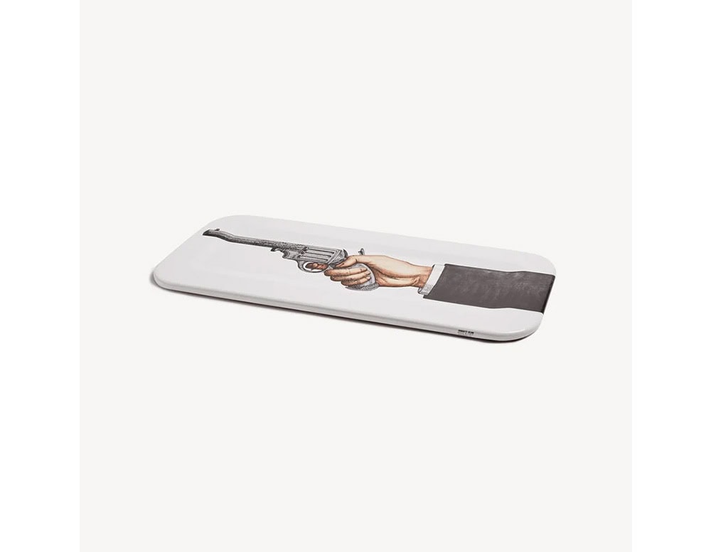 Distinctive tray showcasing a whimsical design of a hand extending a pistol, creating a dramatic yet artistic statement for serving or display.