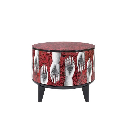 Round side table with vivid red patterns and detailed hand artwork, offering a unique and artistic accent that elevates any contemporary or classic interior.