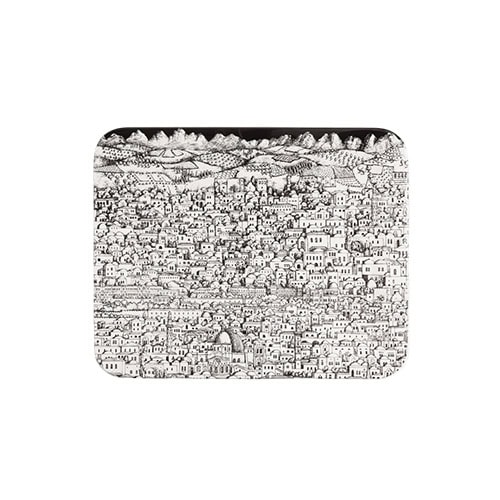 Rectangular tray with detailed black and white illustration of a historic cityscape and rolling hills, creating a striking and artistic serving or decorative piece.