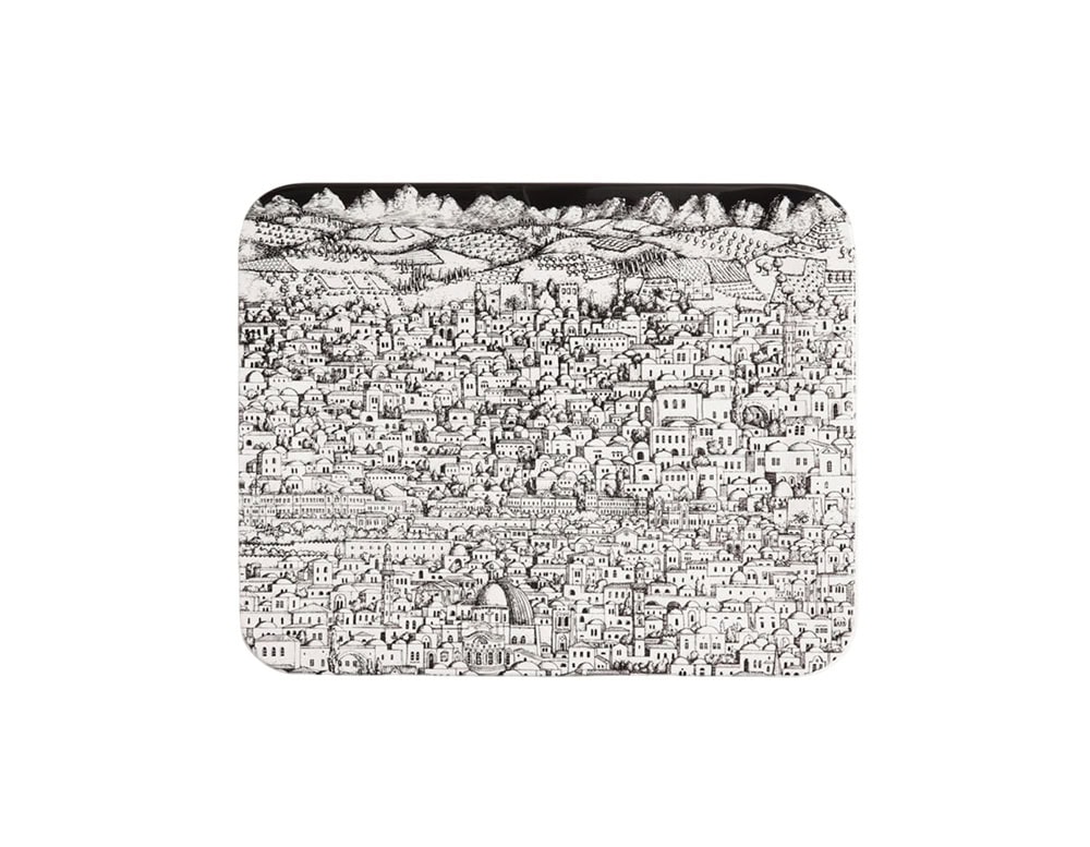 A rectangular tray showcasing an intricate black and white cityscape illustration, blending historic charm with artistic detail for a striking display or serving piece.